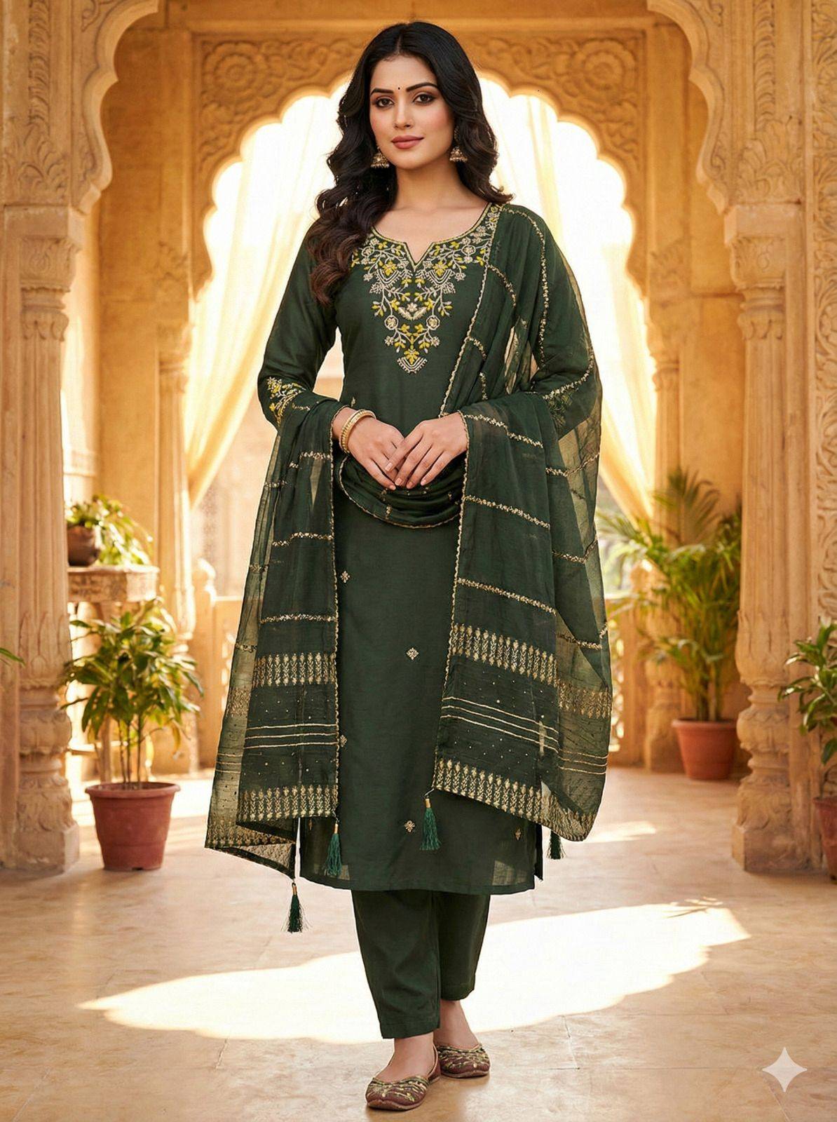 Mehandi Green Designer Roman Silk Kurti Set with Zari & Sequin Dupatta